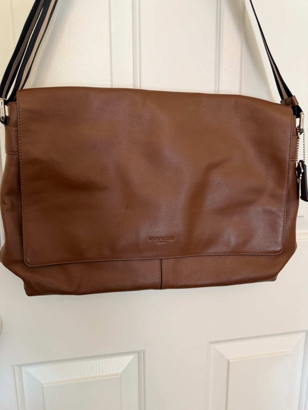 Coach Tan Leather Messenger Bag with Striped Strap